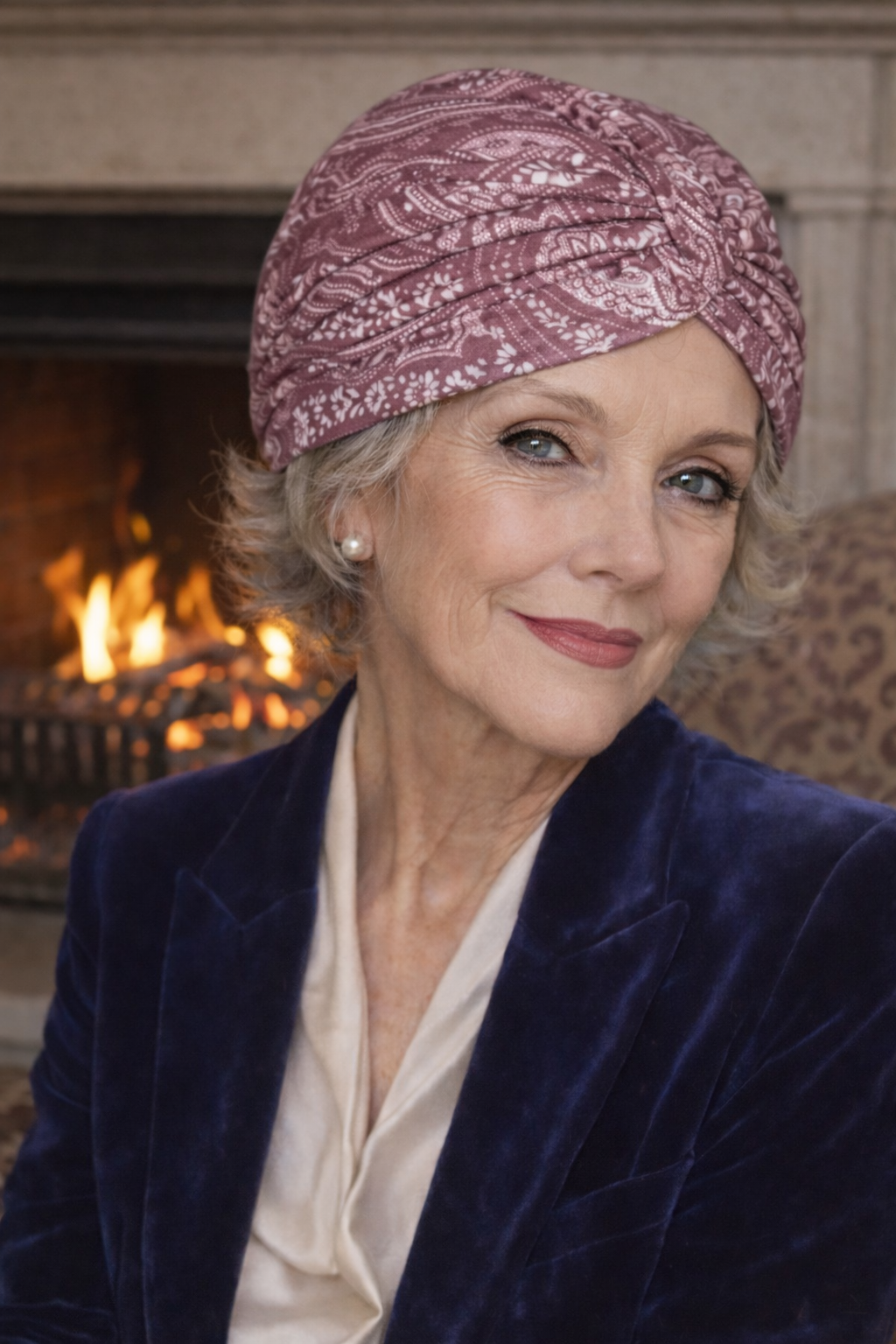 Elegante ältere Frau mit kurzen grauen Haaren und Trendy Turban sitzt am Kamin  dezenter Lippenstift, stilvolle Kleidung warme Atmosphäre