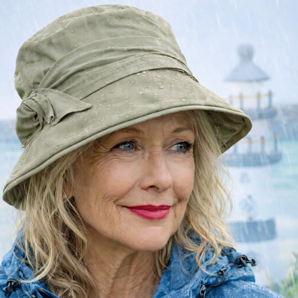 Frau mit lockigen Haaren tanzt lächelnd im Regen und trägt einen hellen Regenhut bei Sonnenschein