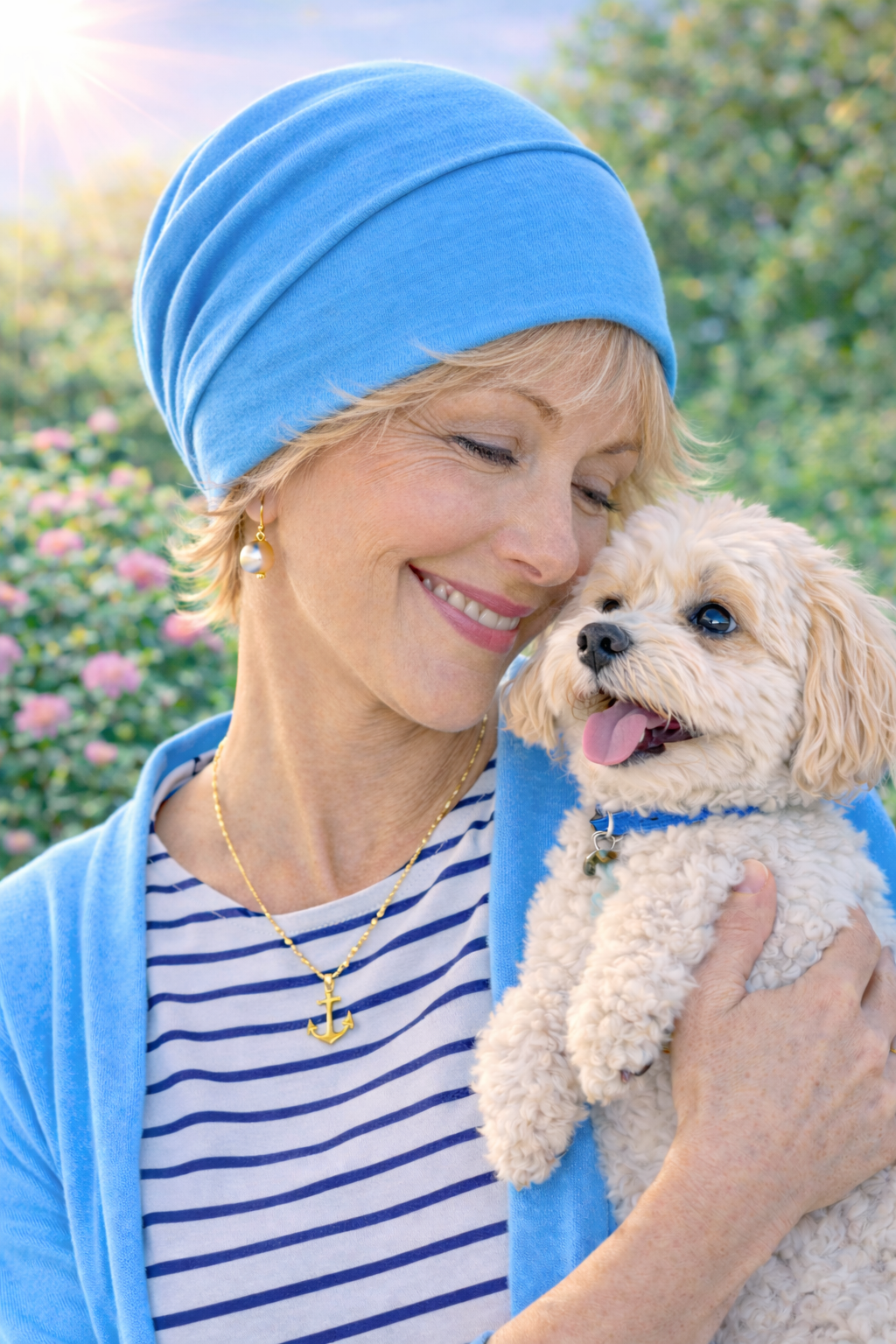 Dame trägt eine leichte azurblaue Sommermütze  Turbanmütze im maritimen Sommerstil am Strand – angenehm bleicht.