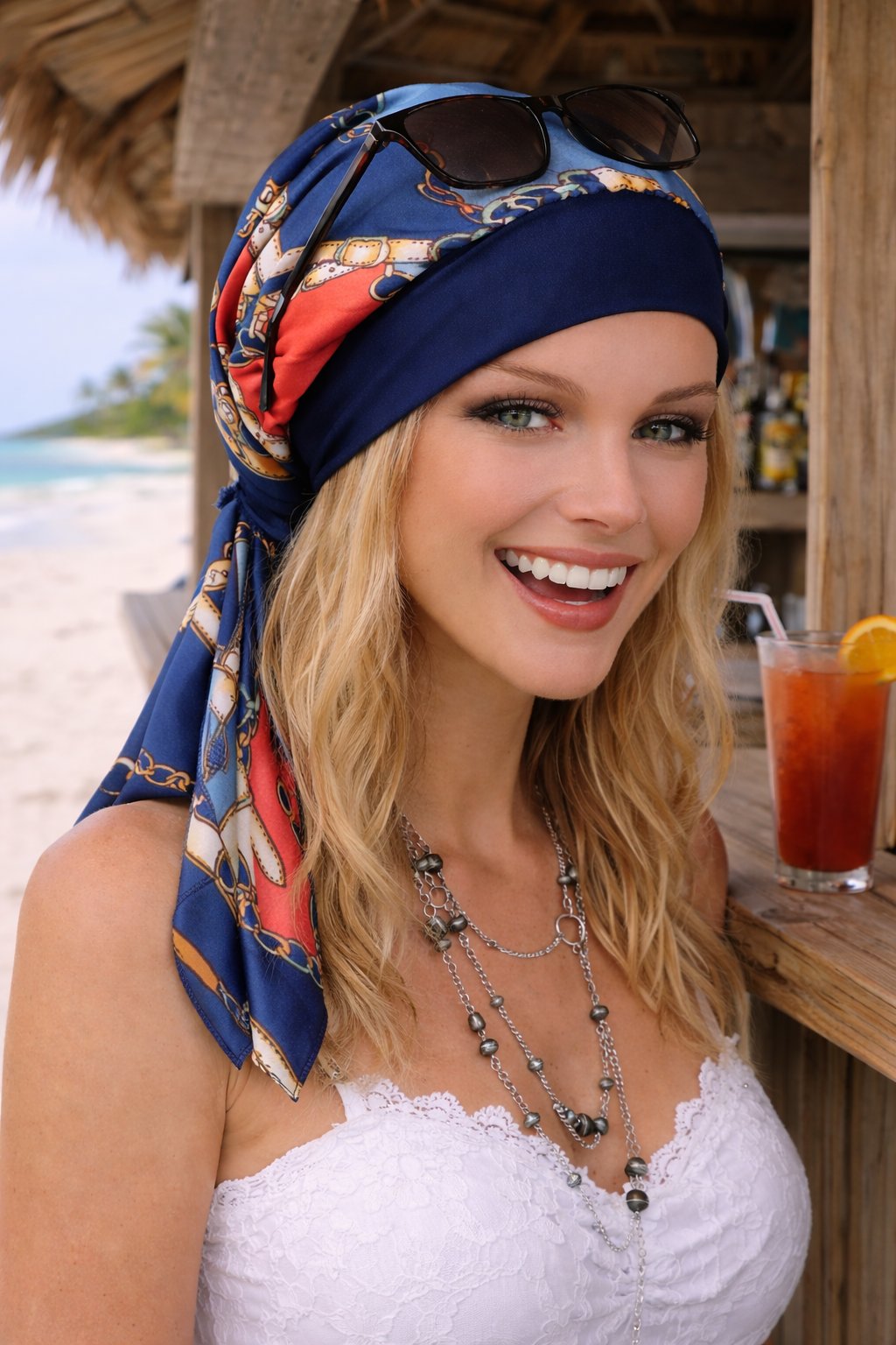 Frau trägt Turban und Sommerkleid an einer Strandbar