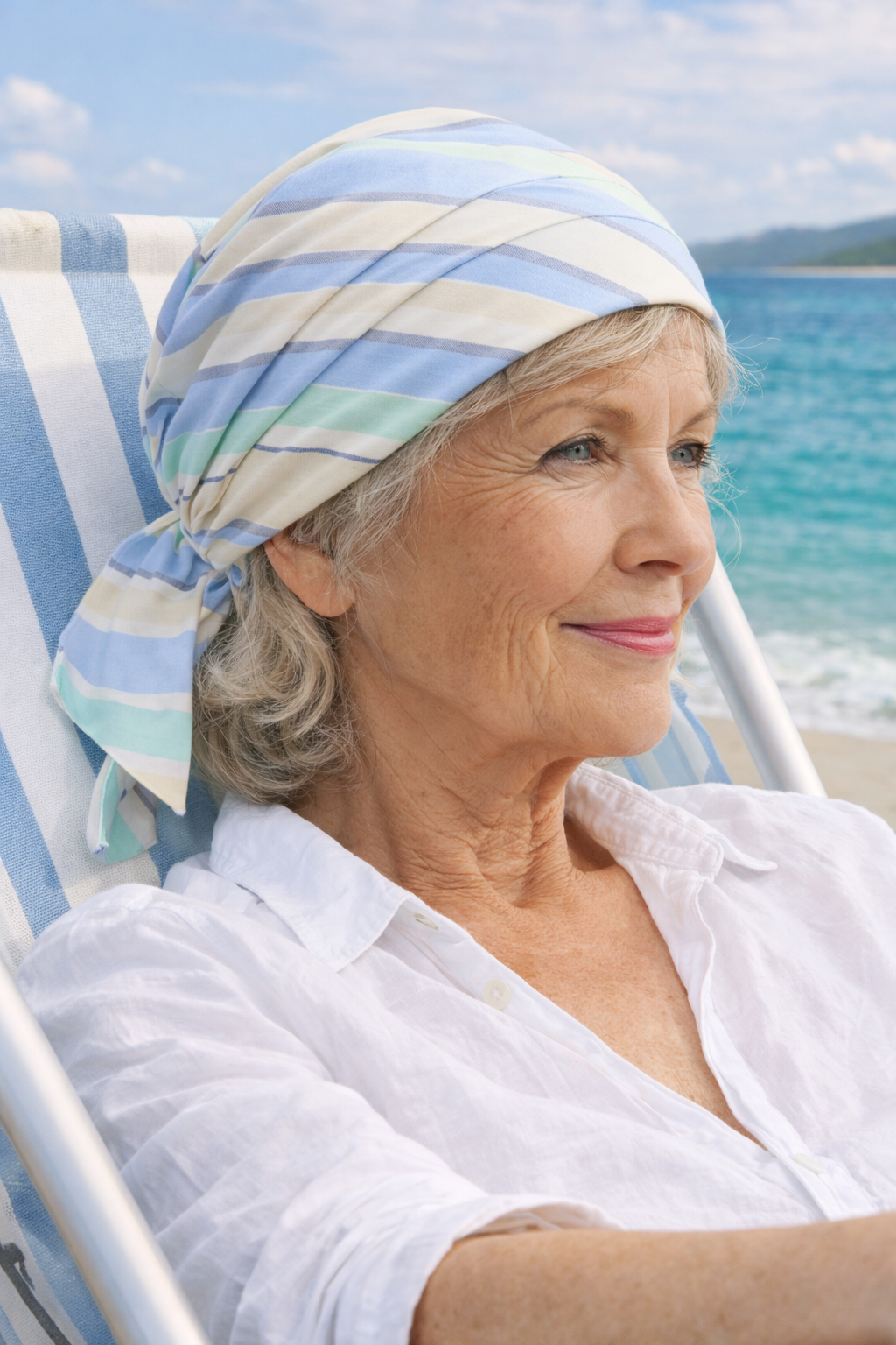 Frau sitzt im Strandkorb am Strand und trägt ein  Bandana-Kopftuch in Blau-Weiß