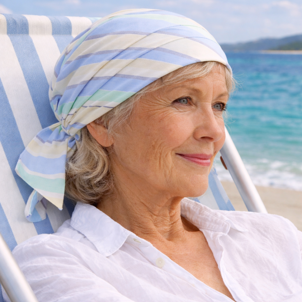 Frau sitzt im Strandkorb am Strand und trägt ein  Bandana-Kopftuch in Blau-Weiß