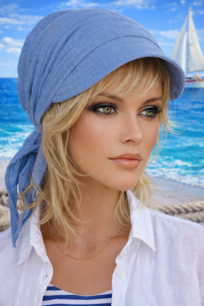 „Bandana Kopftuch ohne Binden mit Schirm für Damen, sommerlich und maritim“