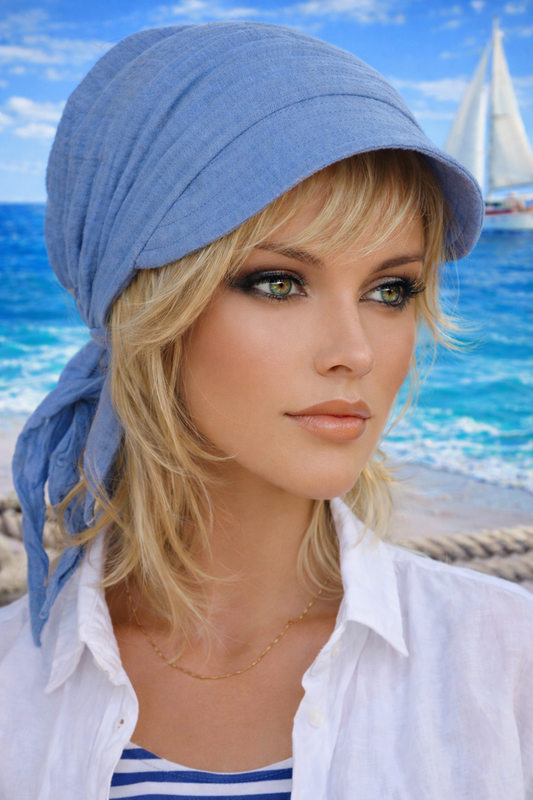 „Bandana Kopftuch ohne Binden mit Schirm für Damen, sommerlich und maritim“