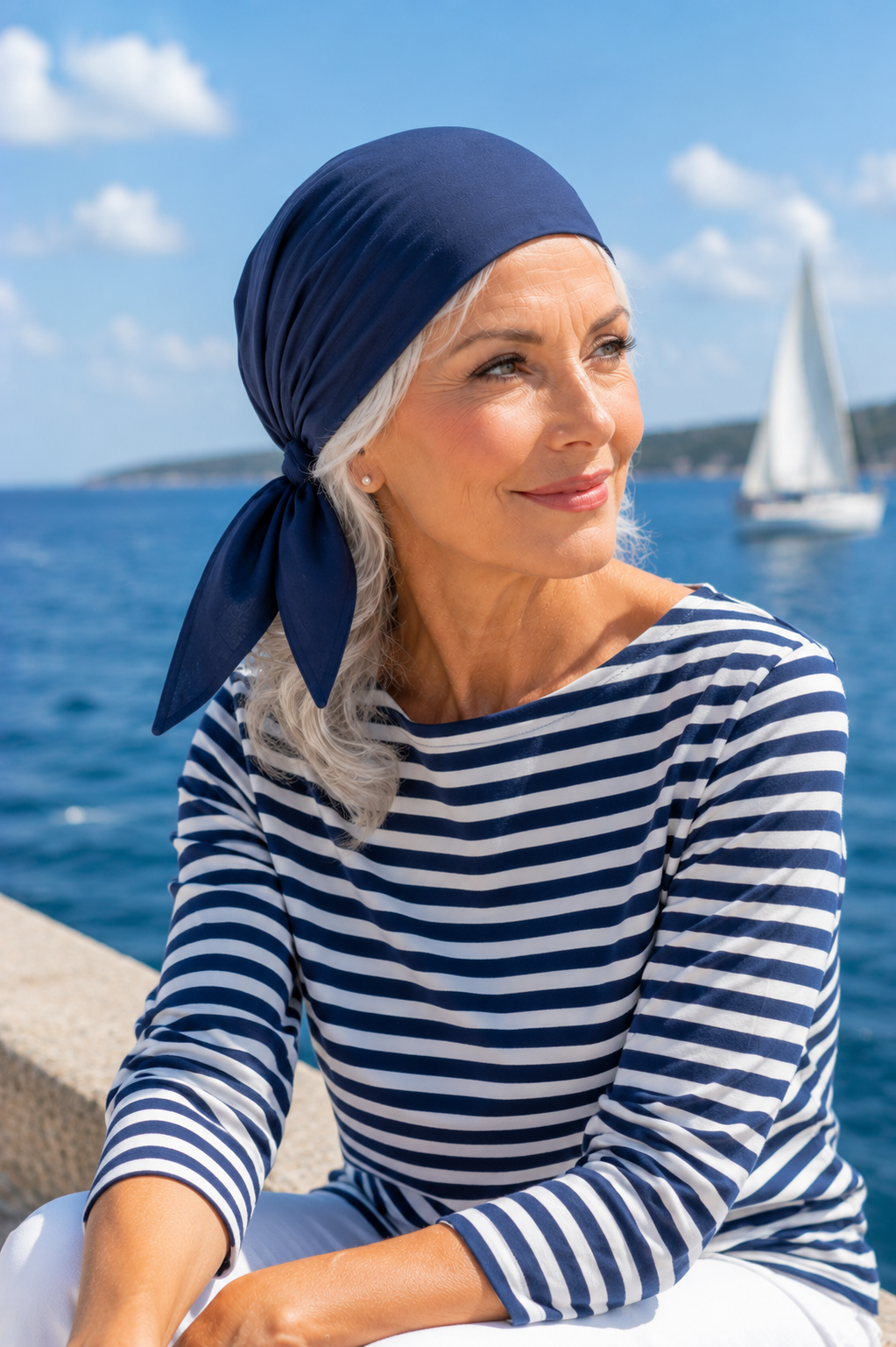 Lächelnde ältere Frau mit Sonnenbrille trägt ein marineblaues Bandana Kopftuch mit zwei schmalen Bändern vor maritimer Kulisse am Meer