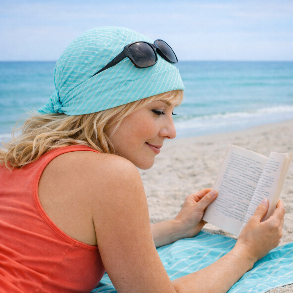 Bandanatuch für Damen ohne Binden Frau liegt entspannt am Strand und liest ein Buch 