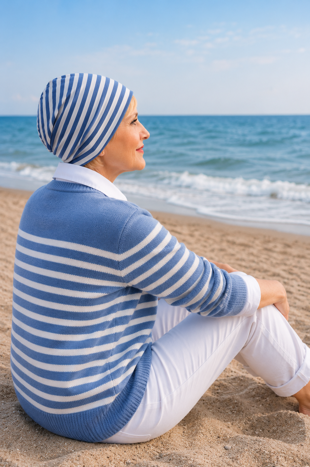 Frau mit blau-weiß gestreifter Baumwoll Beanie und maritimem Pullover sitzt entspannt im Sand und blickt auf das Meer.