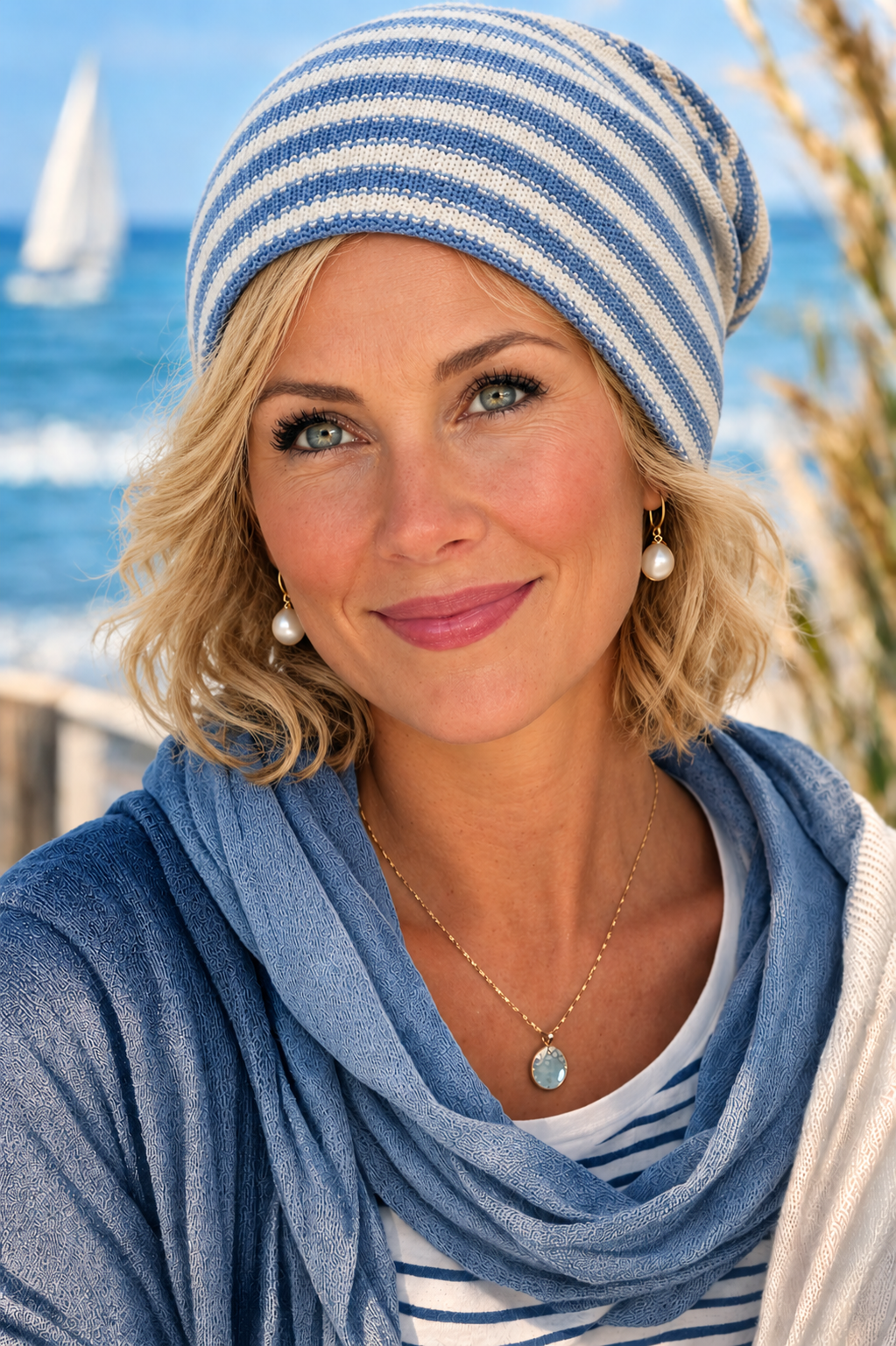 Frau mit blonden lockigen Haaren trägt eine blau-weiß gestreifte Baumwoll-Sommerbeanie am sonnigen Strand und schaut in Richtung Segelboot.