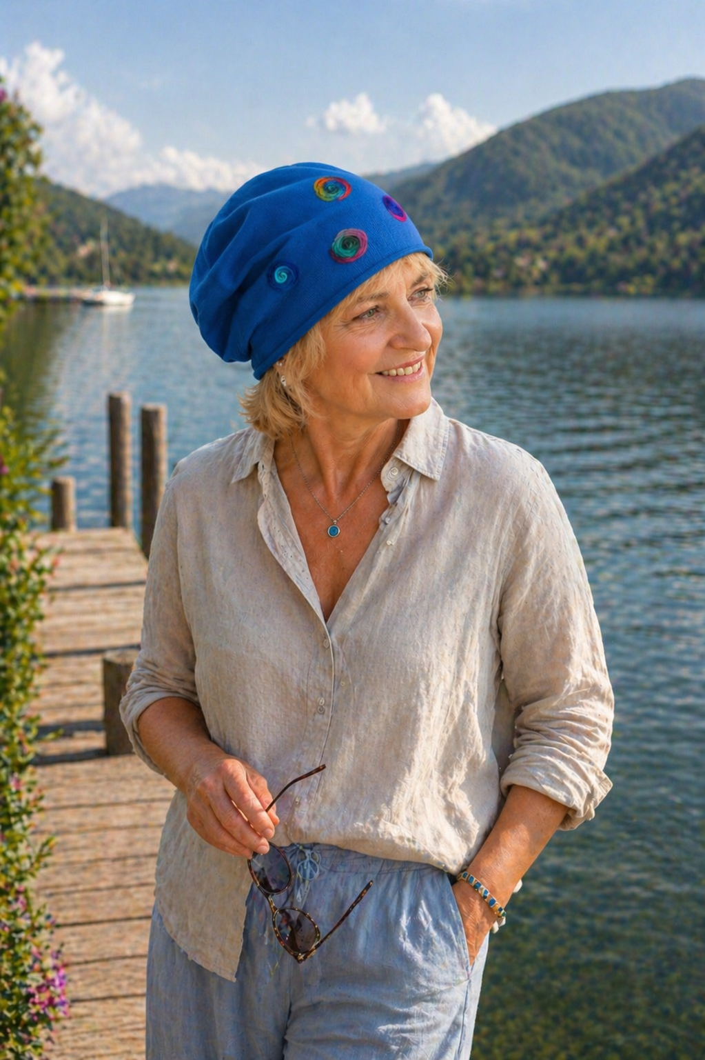 Frau mit handmade Baumwoll Sommermütze steht entspannt auf einem Steg am See und lächelt