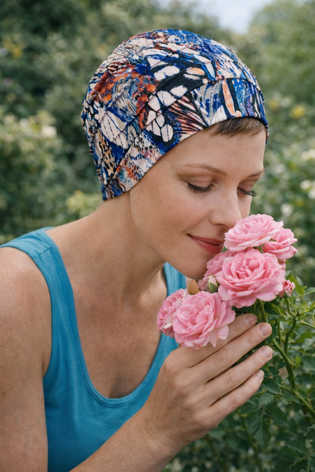 Frau mit kurzer Frisur trägt bequeme Sommer-Baumwollmütze und riecht an rosa Rosen im Garten