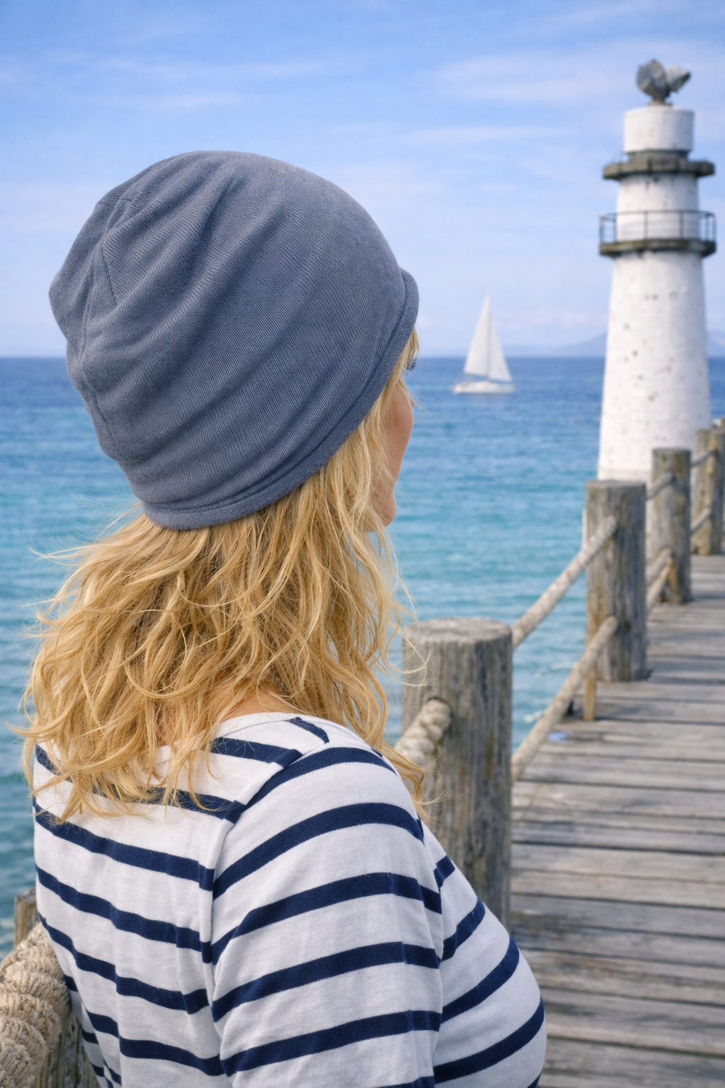 Blaue Turbanmütze für Damen im maritimen Stil am Strand