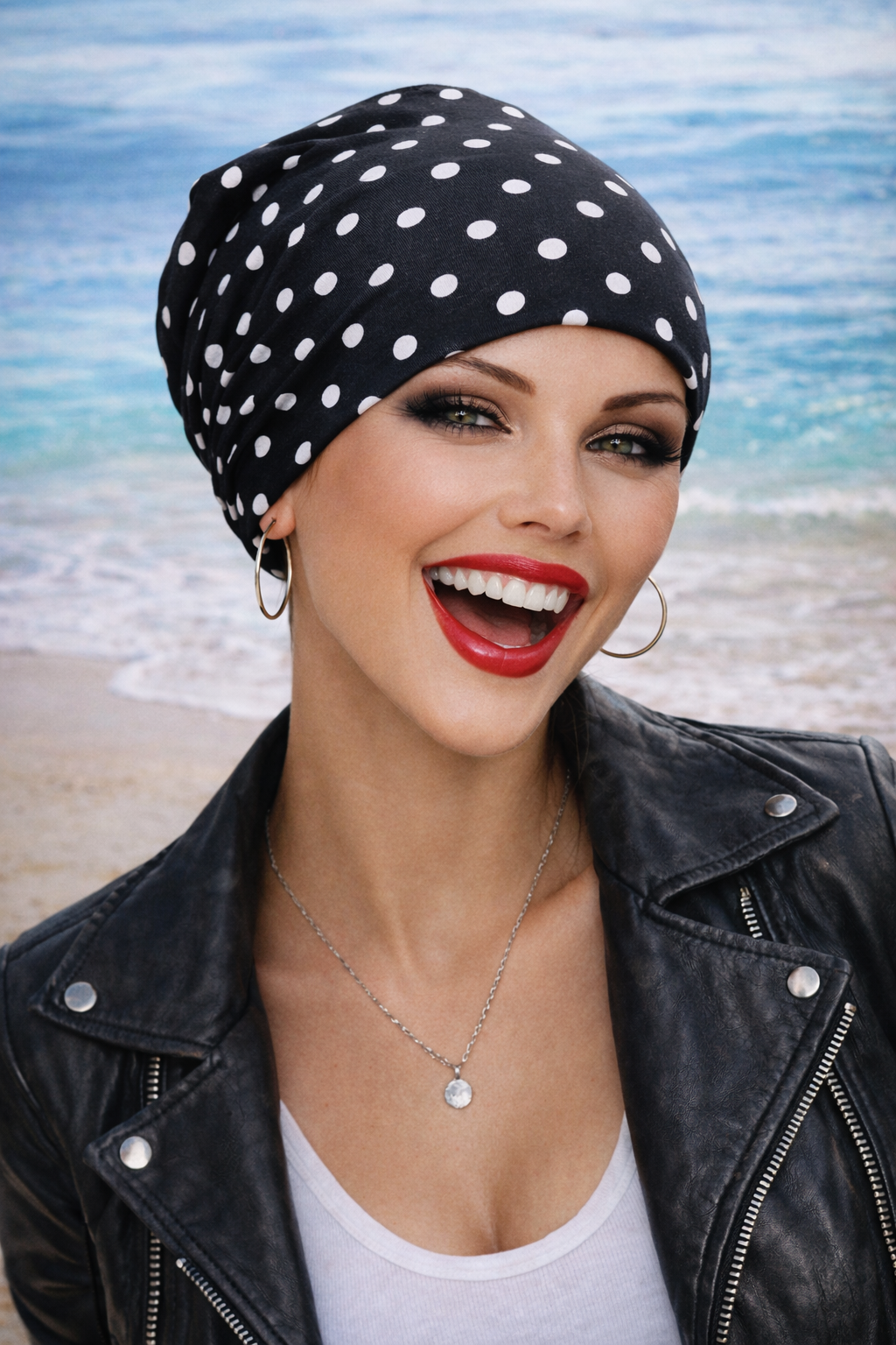 Lächelnde Frau mit schwarzer Chemo Beanie mit weißen Punkten und rotem Lippenstift am Strand