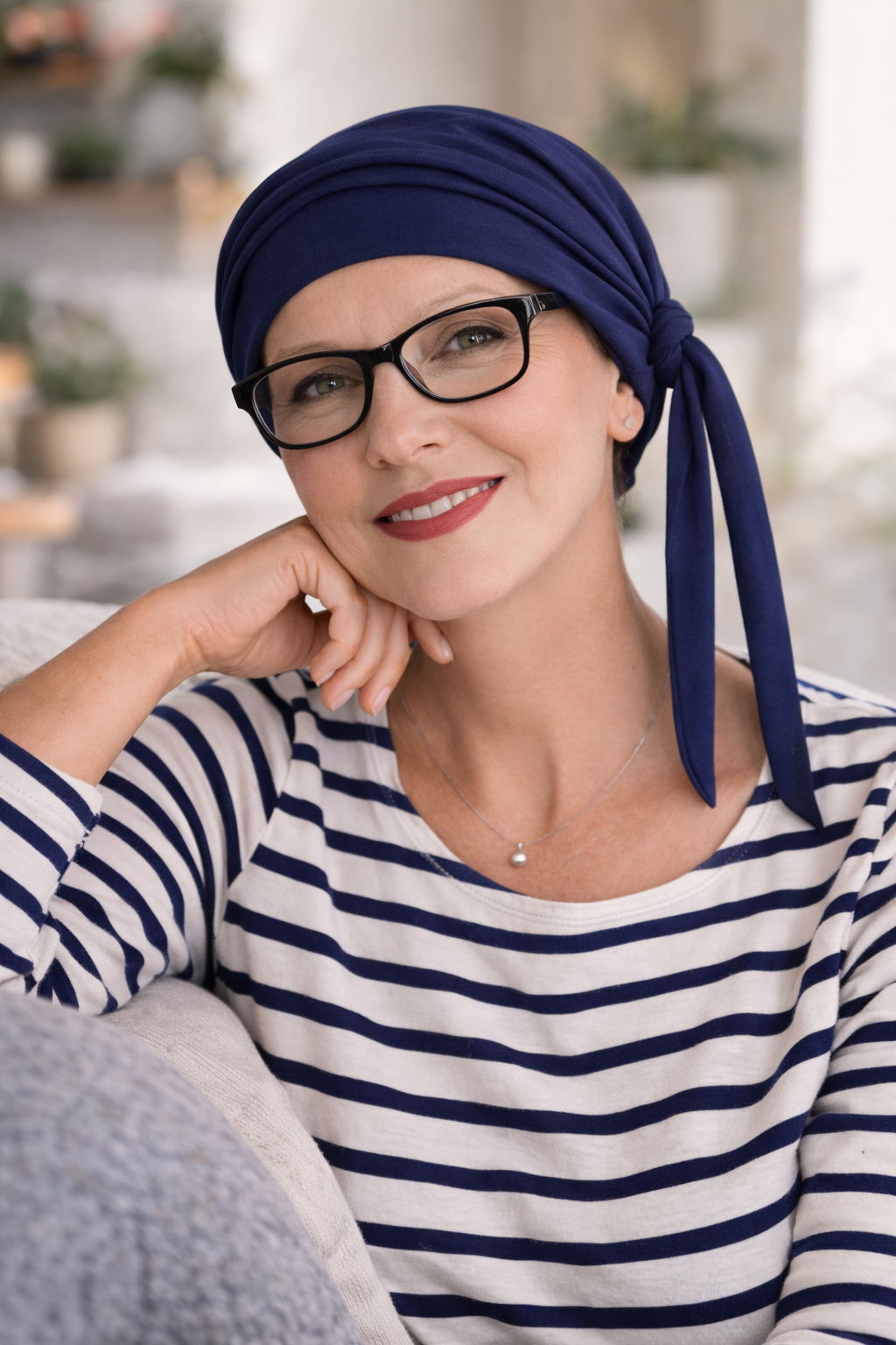 Dunkelblaues Chemotuch für den Sommer, weich gebunden und luftig leicht – stilvolle Kopfbedeckung bei Chemo