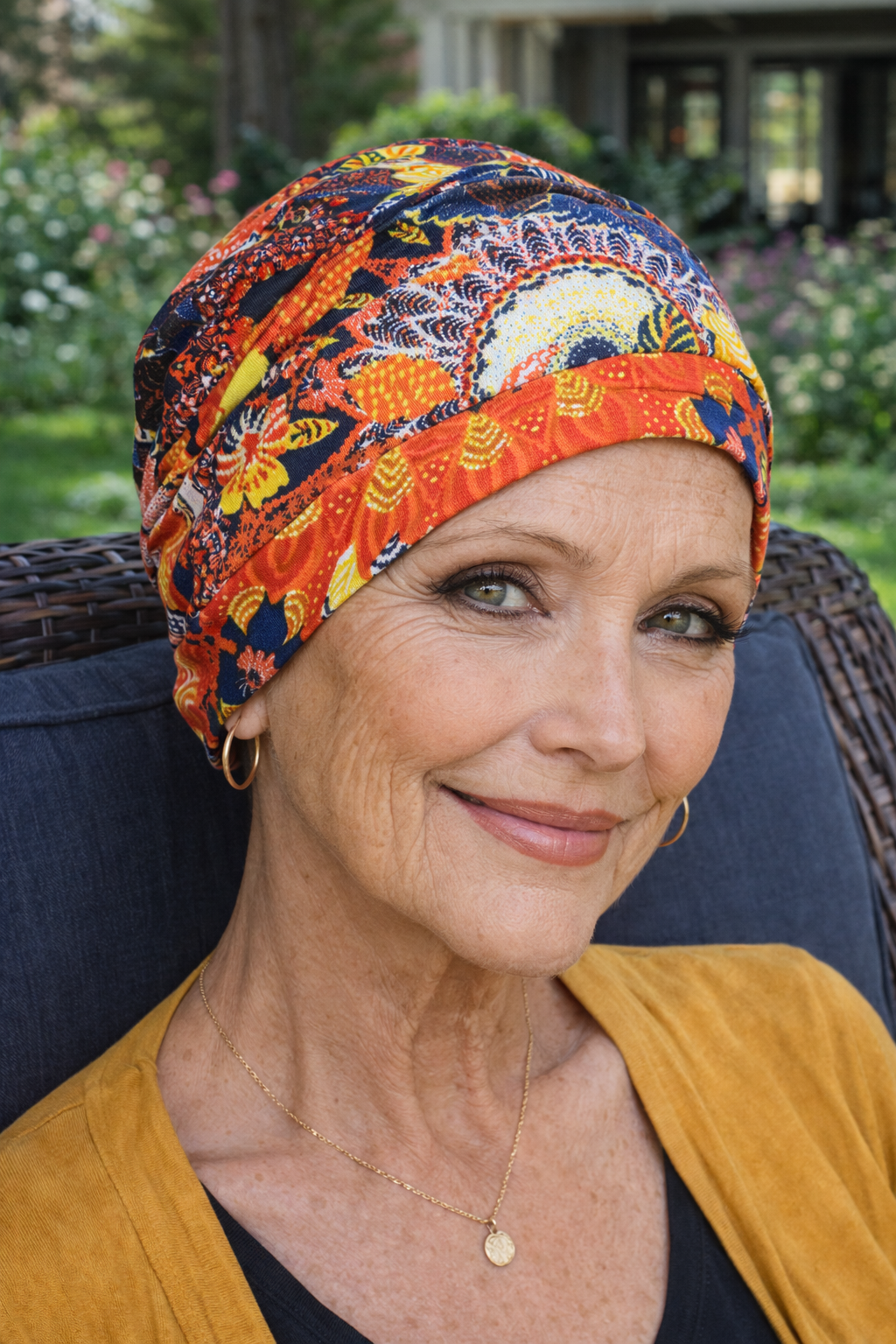 Frau mit bunter Chemo-Mütze sitzt lächelnd in einem Gartenstuhl im Grünen