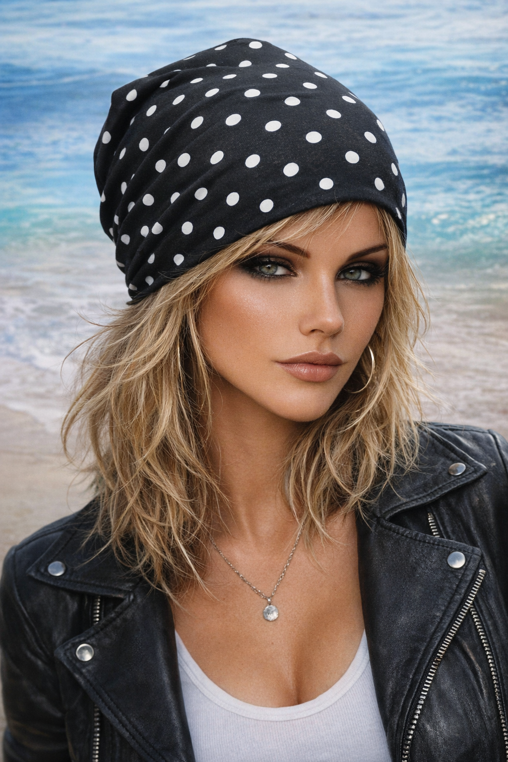 Chemo Mütze für Damen in Schwarz mit weißen Punkten im lässigen Slouch-Design