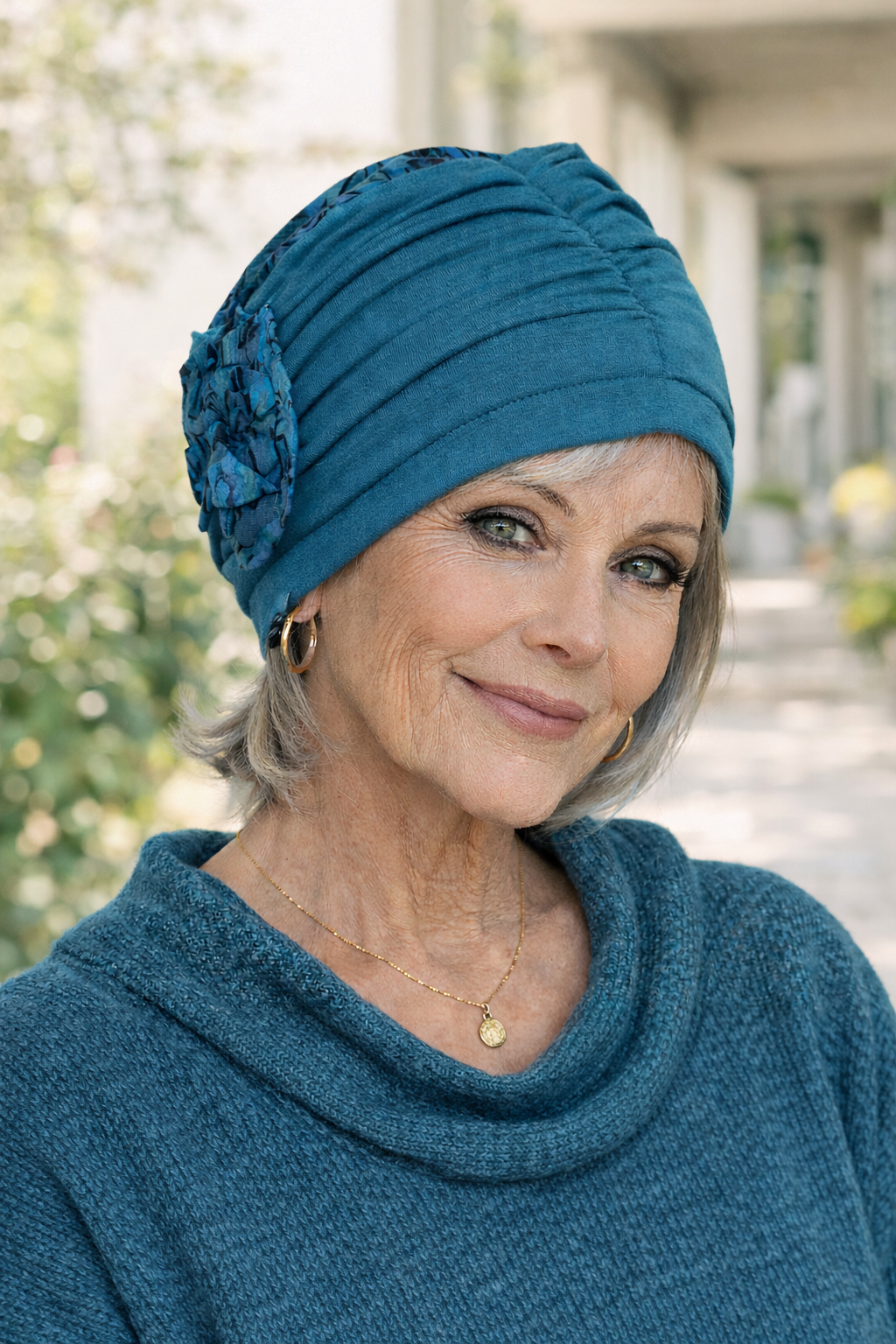 Damen Turbanmütze in Türkis mit seitlicher Blume – weiche Chemo Mütze bei Haarausfall
