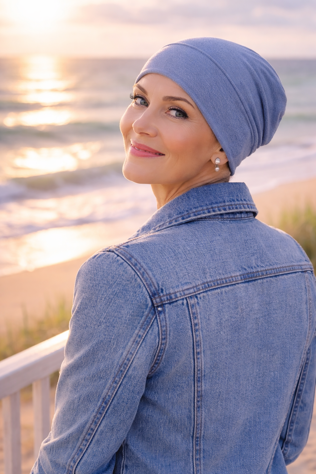 Frau mit taubenblauer Turbanmütze Chemomütze blickt aufs Meer bei Sonnenuntergang
