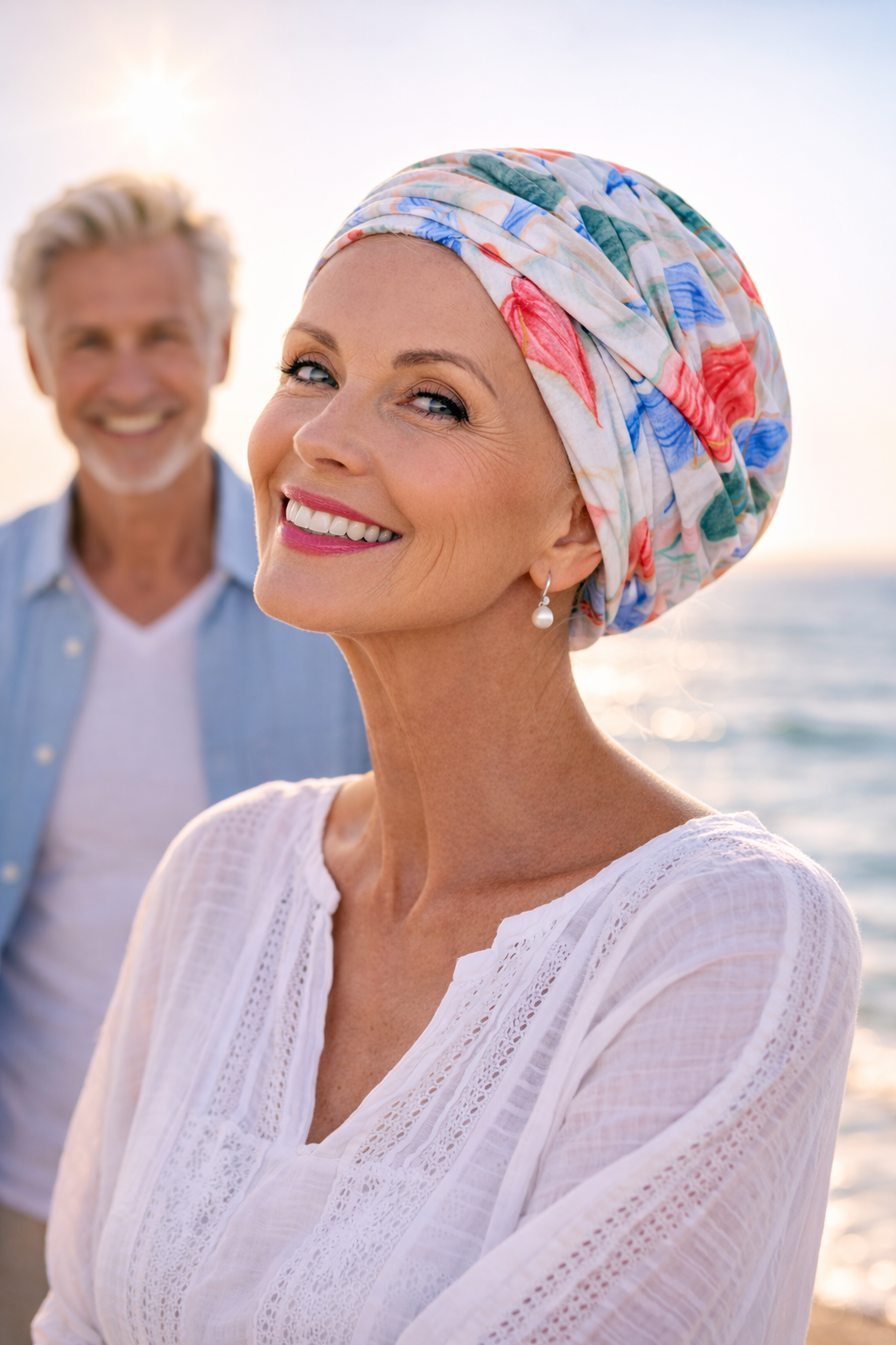 Frau trägt Turbanmütze Chemomütze am Strand als leichter Kopfschutz bei Haarausfall.