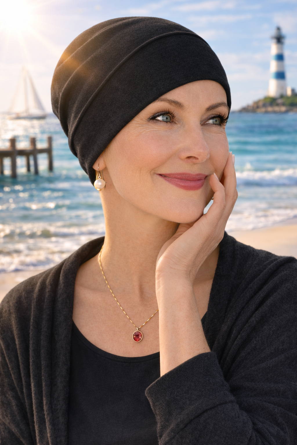 Schwarze Chemomütze Damen Sommer leichte Beanie Kopfbedeckung nach Chemo