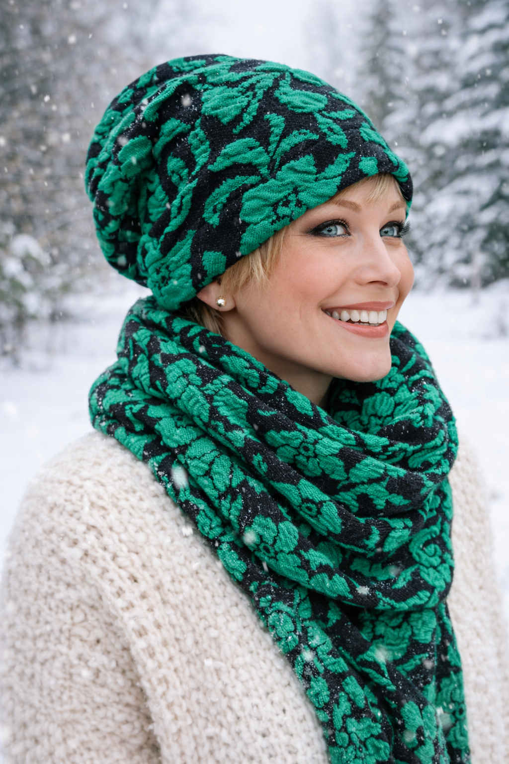 Damen Beanie Turbanmütze in Grün mit Blumenmuster, kombiniert mit Schal und dickem Pullover im winterlichen Outdoor-Look