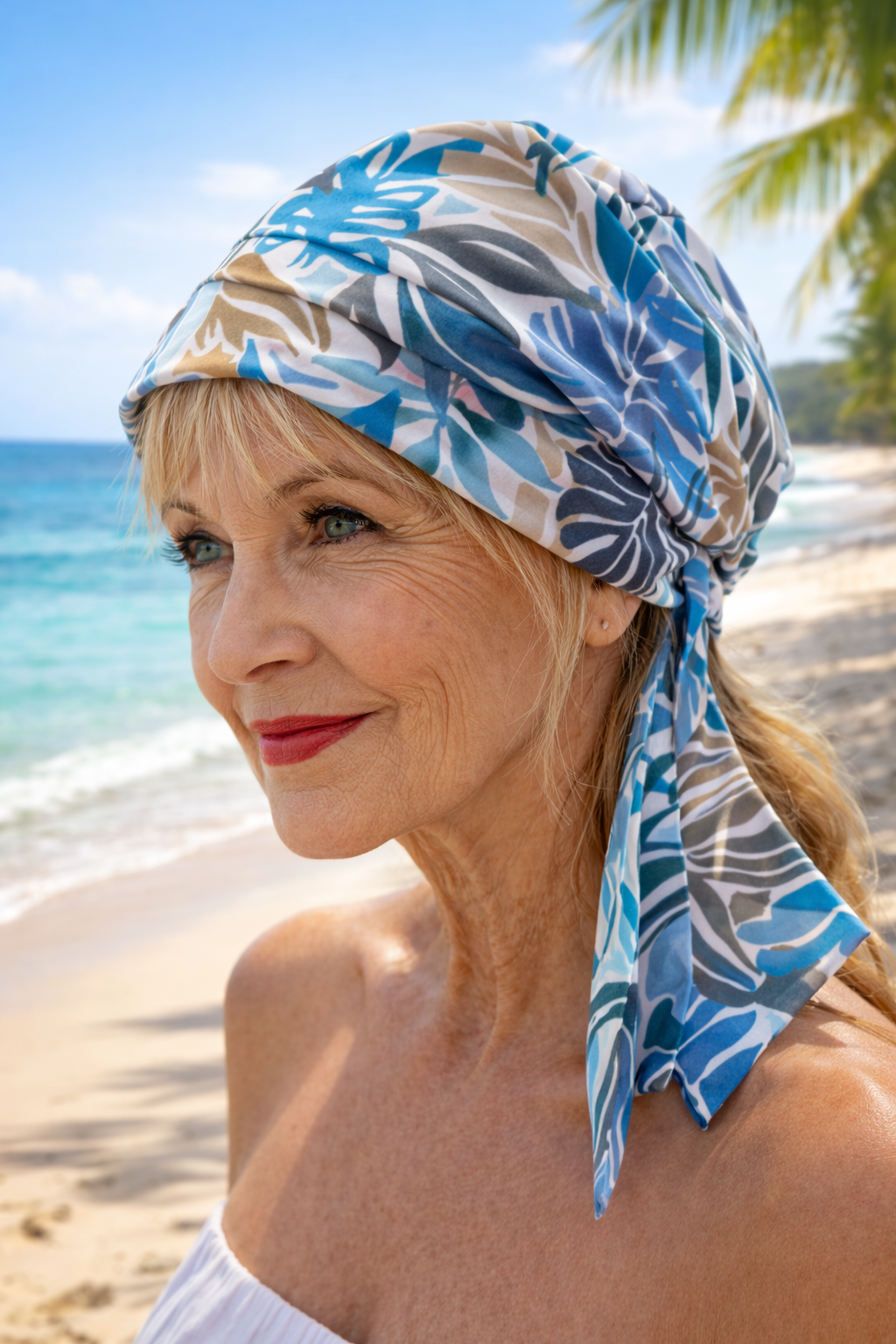 Frau mit maritimem Bandana sitzt entspannt im Liegestuhl am Strand.