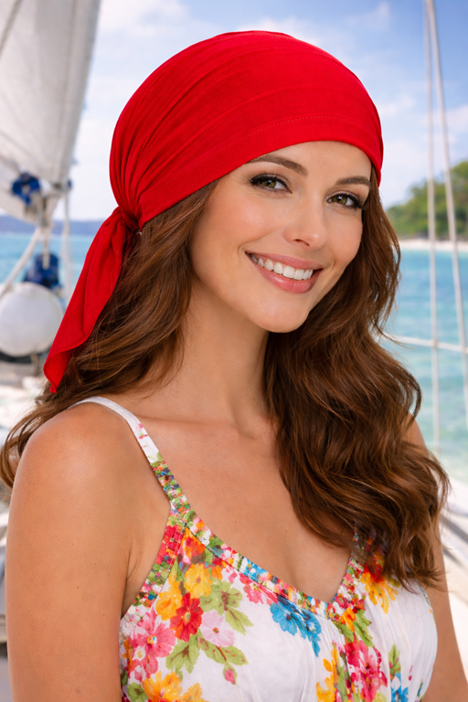 „Lächelnde Frau mit rotem, langem Kopftuch aus Baumwolle auf einem Segelboot am Strand – Damen Kopfbedeckung für Sommer und Urlaub“