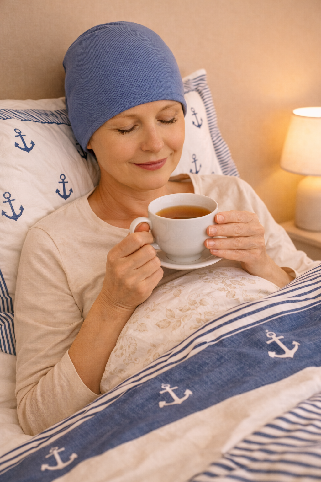 Frau mit Kopftuch am Meer bei warmem Licht.