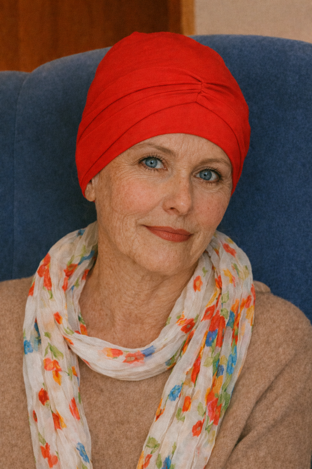 Frau trägt rote Turbanmütze im Sessel