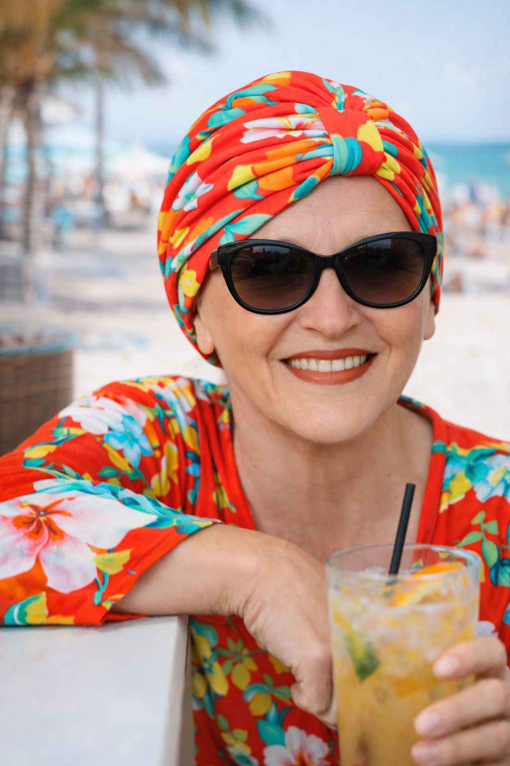 Frau trägt einen roten Turban mit floralem Muster