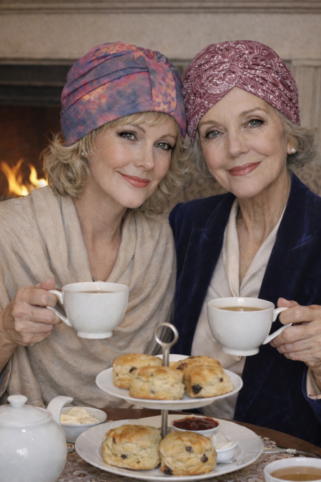 Zwei elegante Damen mit Turban genießen Tea Time mit Scones, blonde Frau trägt beige Stola