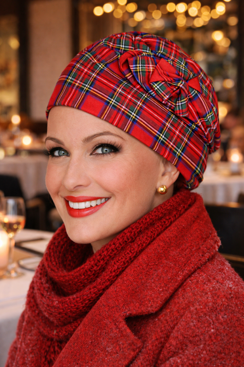 Lächelnde Frau mit roter karierter Mütze und roter Stola sitzt in einem warm beleuchteten Restaurant.“