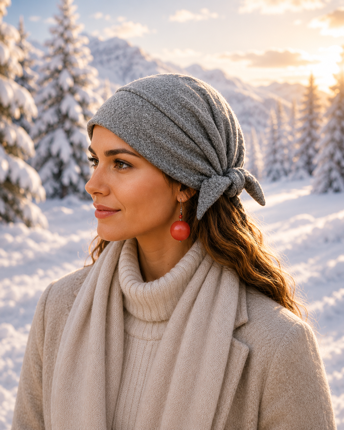 Bequeme Wintermütze Damen Turban-Tuch in Grau mit feiner Schleife. Elegantes Kopftuch ohne Binden für Herbst und Winter.