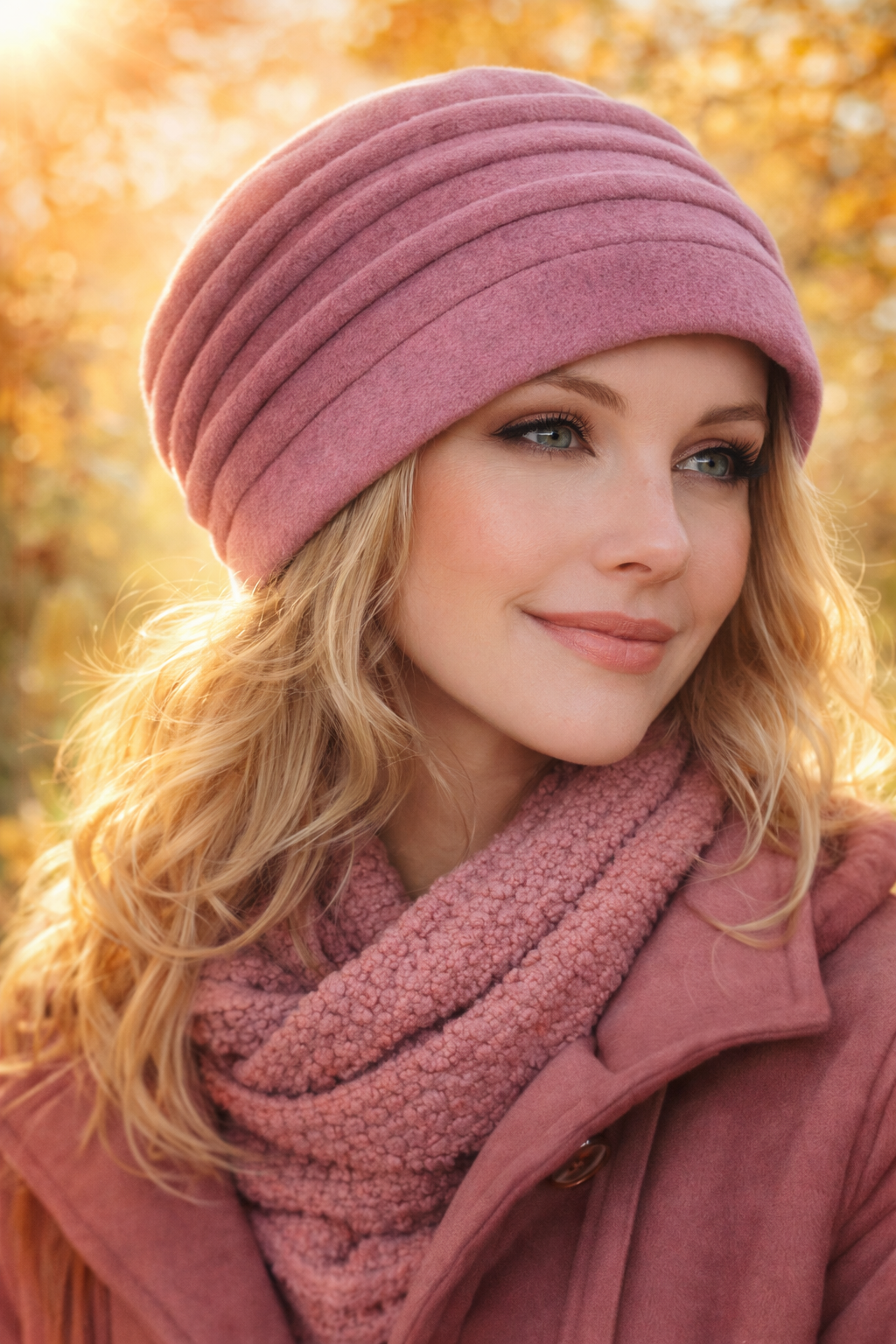 Frau trägt eine altrosa Mütze und eine warme Jacke bei einem Spaziergang am Wasser im Herbst.