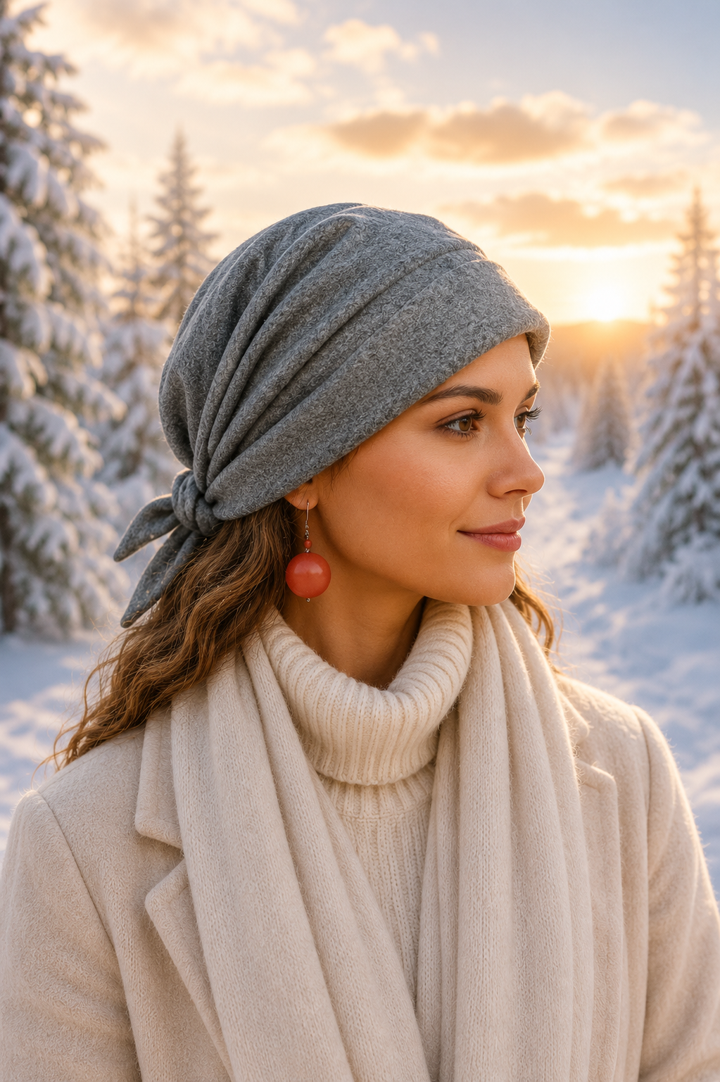 Dame in heller Winterkleidung mit grauem Turban-Tuch ohne Binden in verschneiter Winterlandschaft.