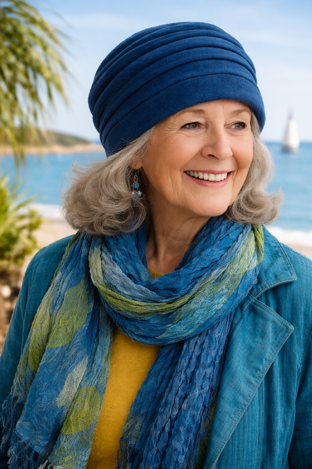 Frau trägt eine blaue Wintermütze und am Meer 