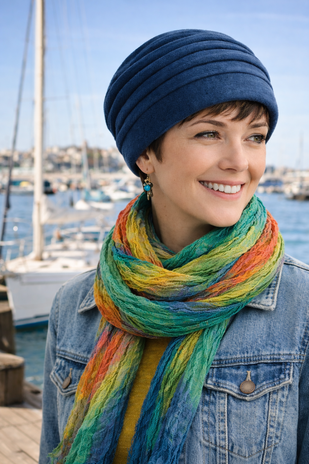 Frau mit Mütze und Schal steht am Meer in maritimer Umgebung.