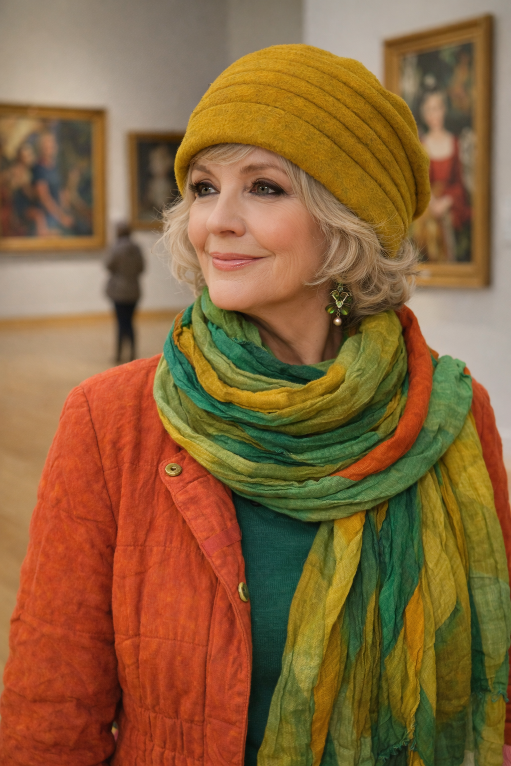 Seniorin trägt eine curryfarbene Mütze und ein buntes Outfit beim Museumsbesuch