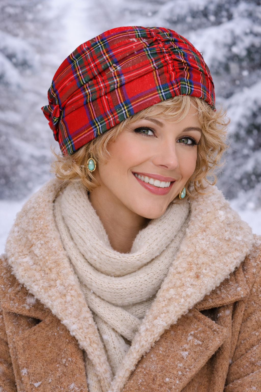 Frau mit kurzen blonden Locken trägt rote karierte Damen Wintermütze und warmen Mantel in winterlicher Schneelandschaft