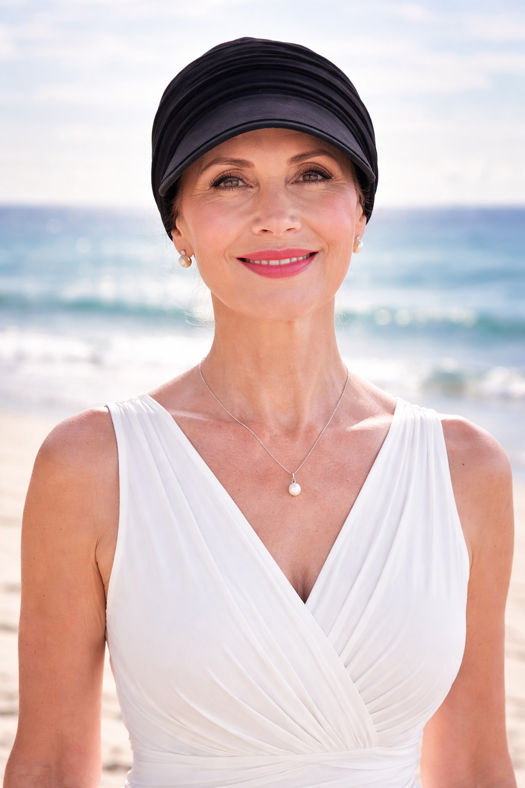 Elegante ältere Frau trägt schwarze Sonnenkappe mit UPF 50 Sonnenschutz am Strand, stilvoller sommerlicher Look