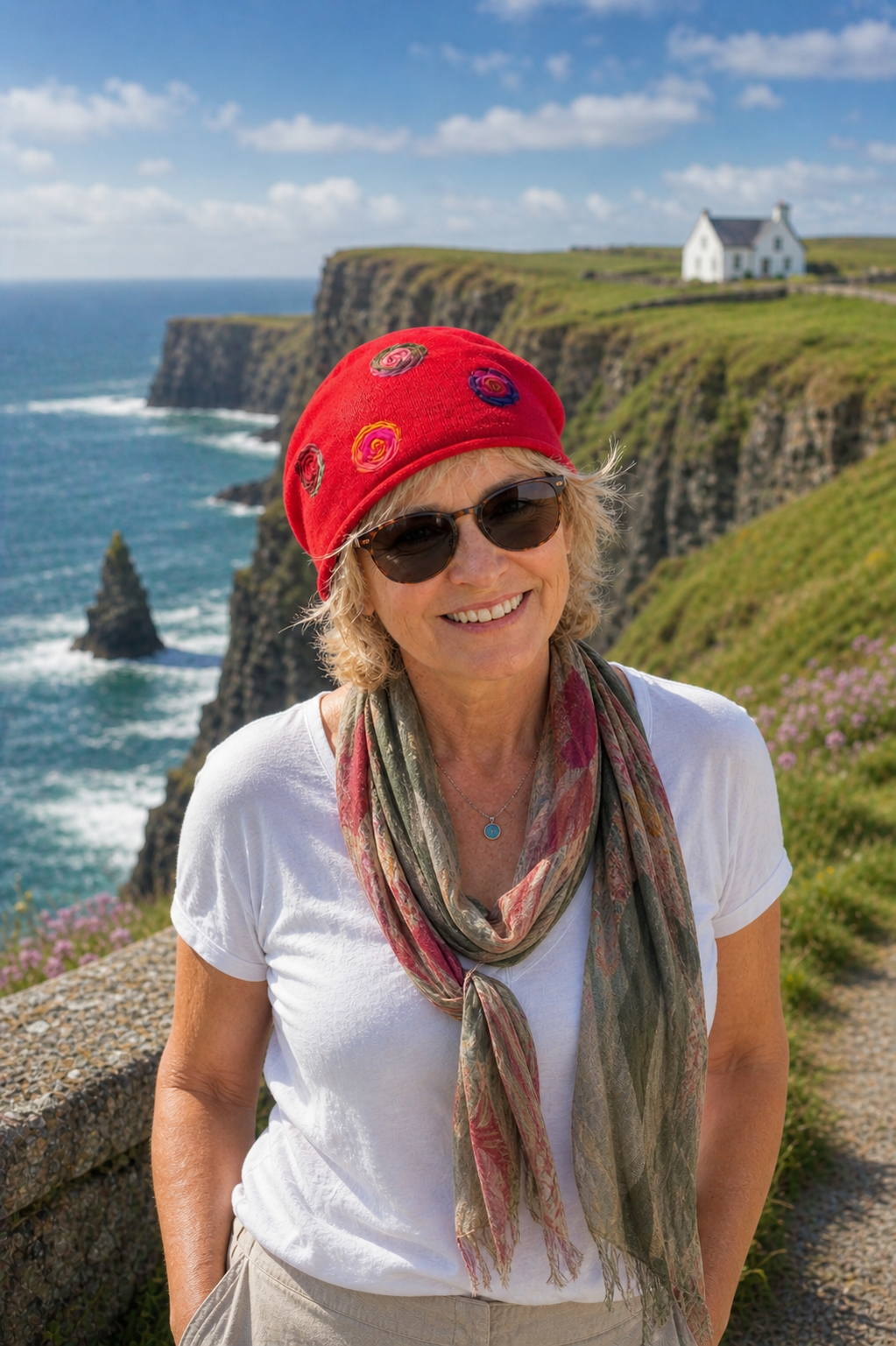 Lächelnde Frau mit Sonnenbrille, roter Mütze und sommerlichem Outfit an den Klippen der irischen Küste bei Sonnenschein