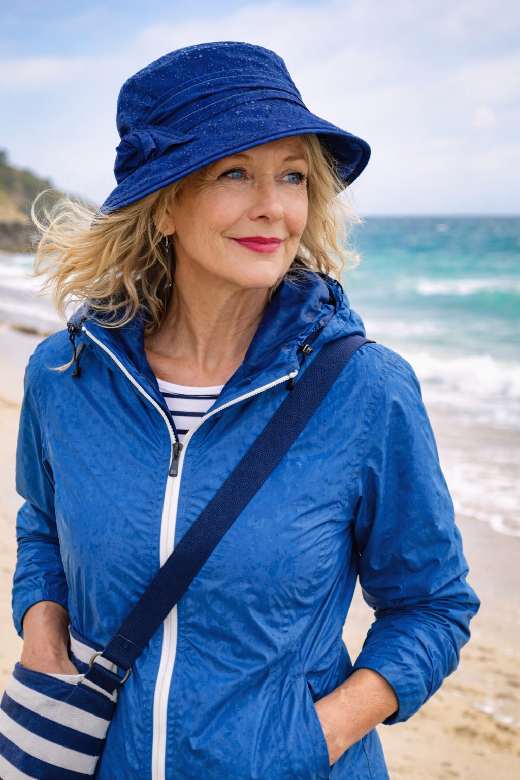 Frau in marineblauer Regenjacke und Regenhut läuft am Strand entlang, das Meer im Hintergrund