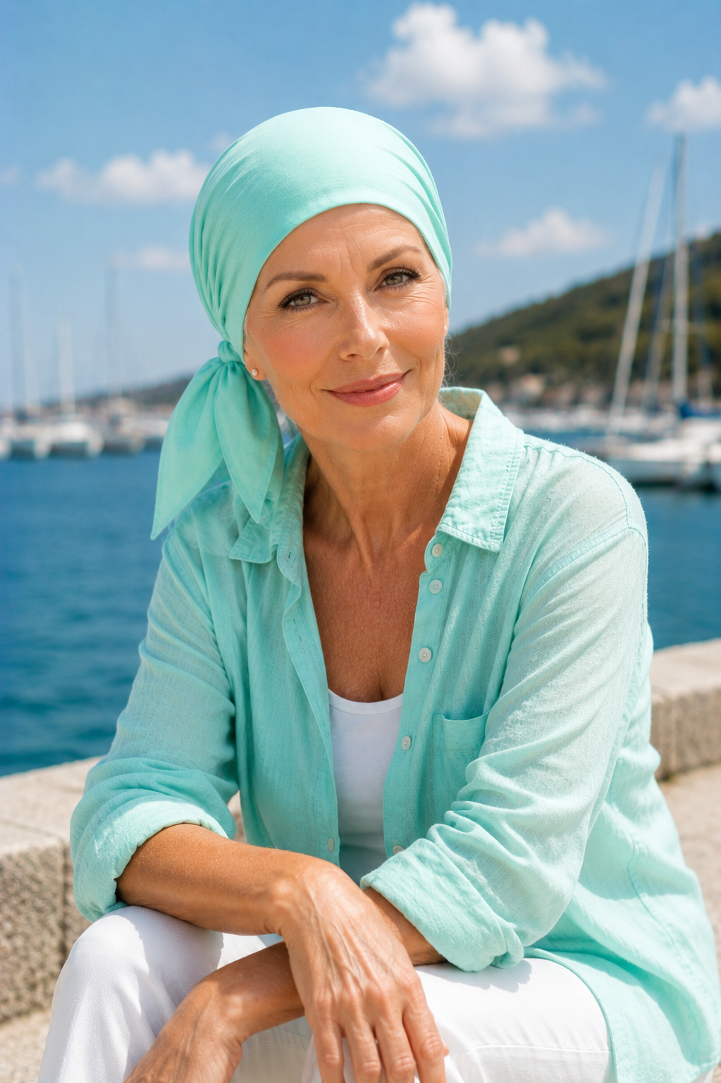 Frau mit mintgrünem gebundenem Chemotuch  blickt direkt in die Kamera. Sommerliches Porträt am Wasser mit heller Bluse und maritimer Atmosphäre.