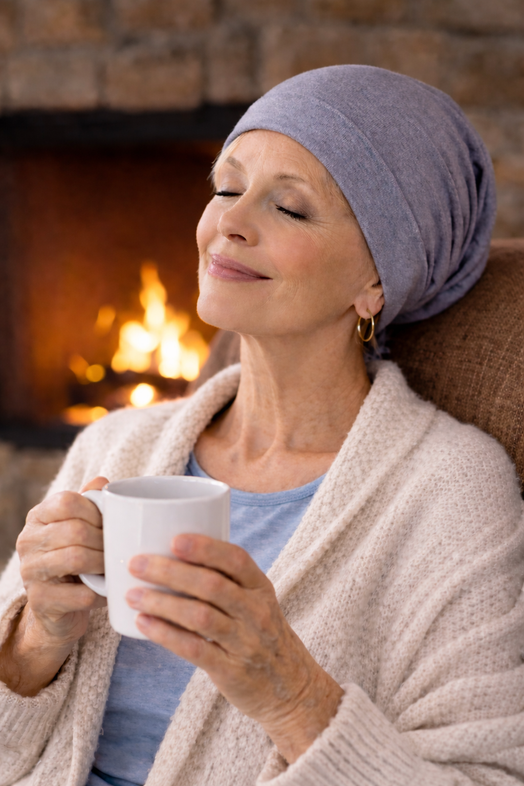 Frau mit grauer Mütze bem Kaffee