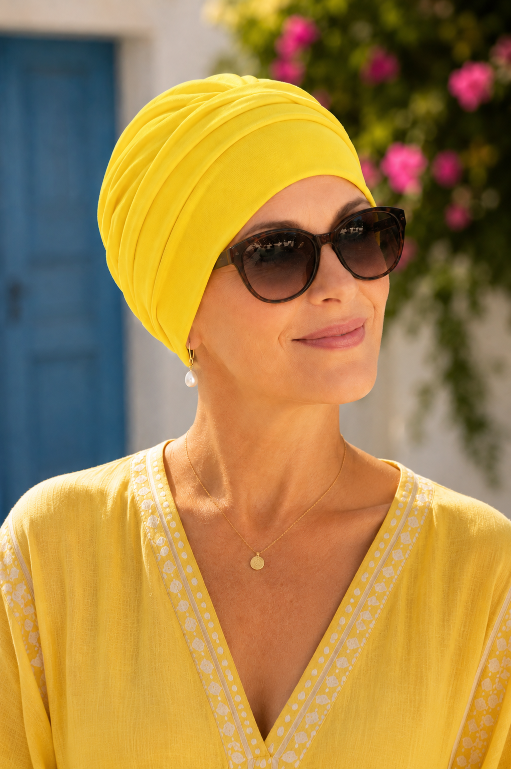 Frau mit limoncellogelber Turbanmütze Sommerkleid und Sonnenbrille im mediterranen Ambiente.