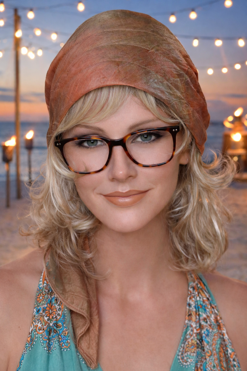 Dame mit Kopftuch Bandana  tanzt entspannt auf einer Sommerparty am Str