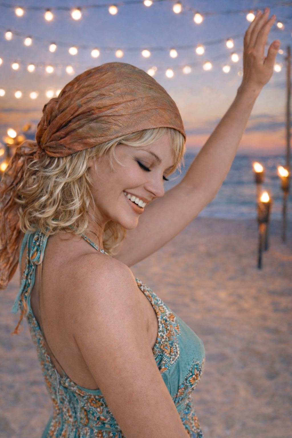 Frau trägt ein Kopftuch und steht am Meer in Abendstimmung.