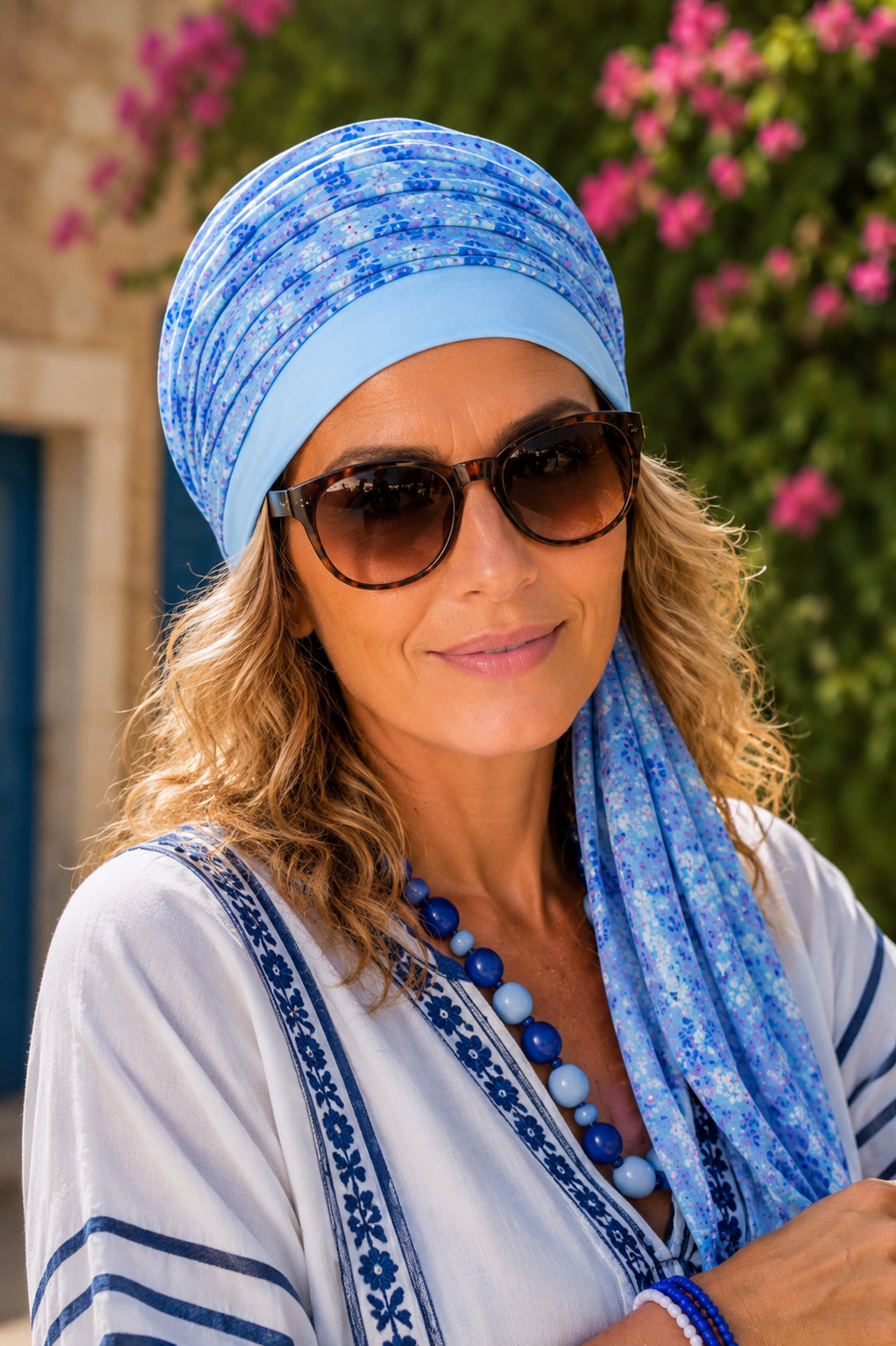 Frau mit hellblauer Turbanmütze aus Baumwolle und passendem maritimen Tuch vor sommerlichem Küstenhintergrund.