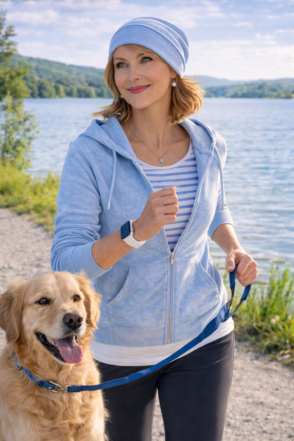 Frau joggt mit Hund am See und trägt eine leichte Sommermütze aus Baumwolle in Hellblau, sportlicher Freizeitlook