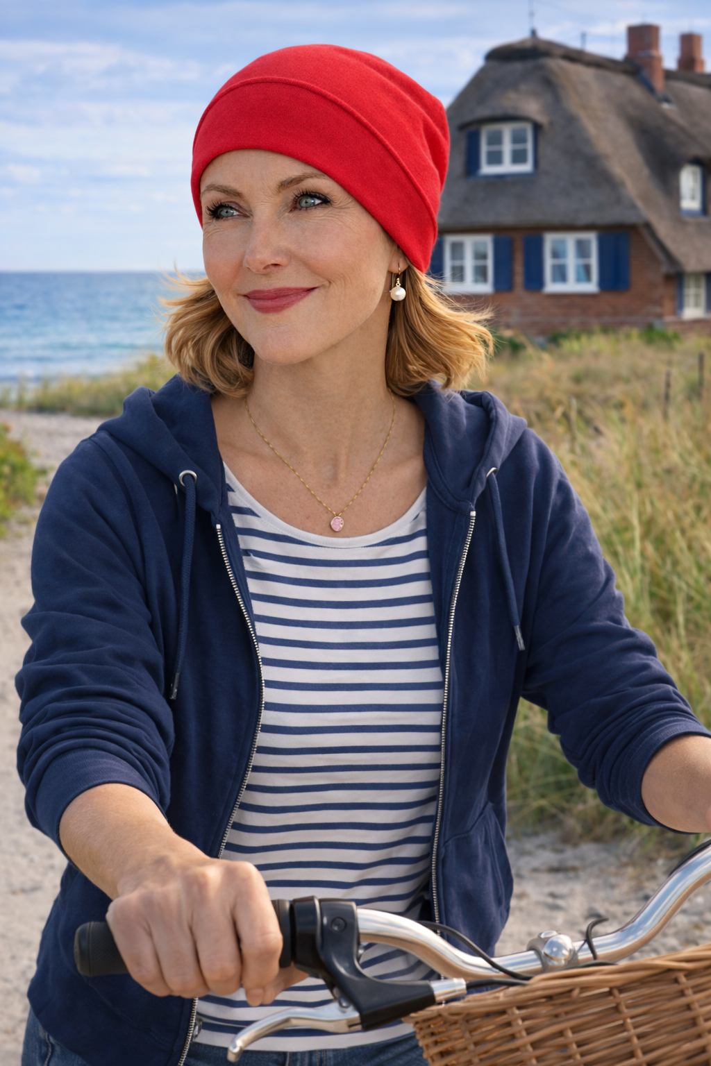 Frau mit mohnroter Sommermütze aus Baumwolle fährt Fahrrad an der Küste, maritimer Look vor Reetdachhaus