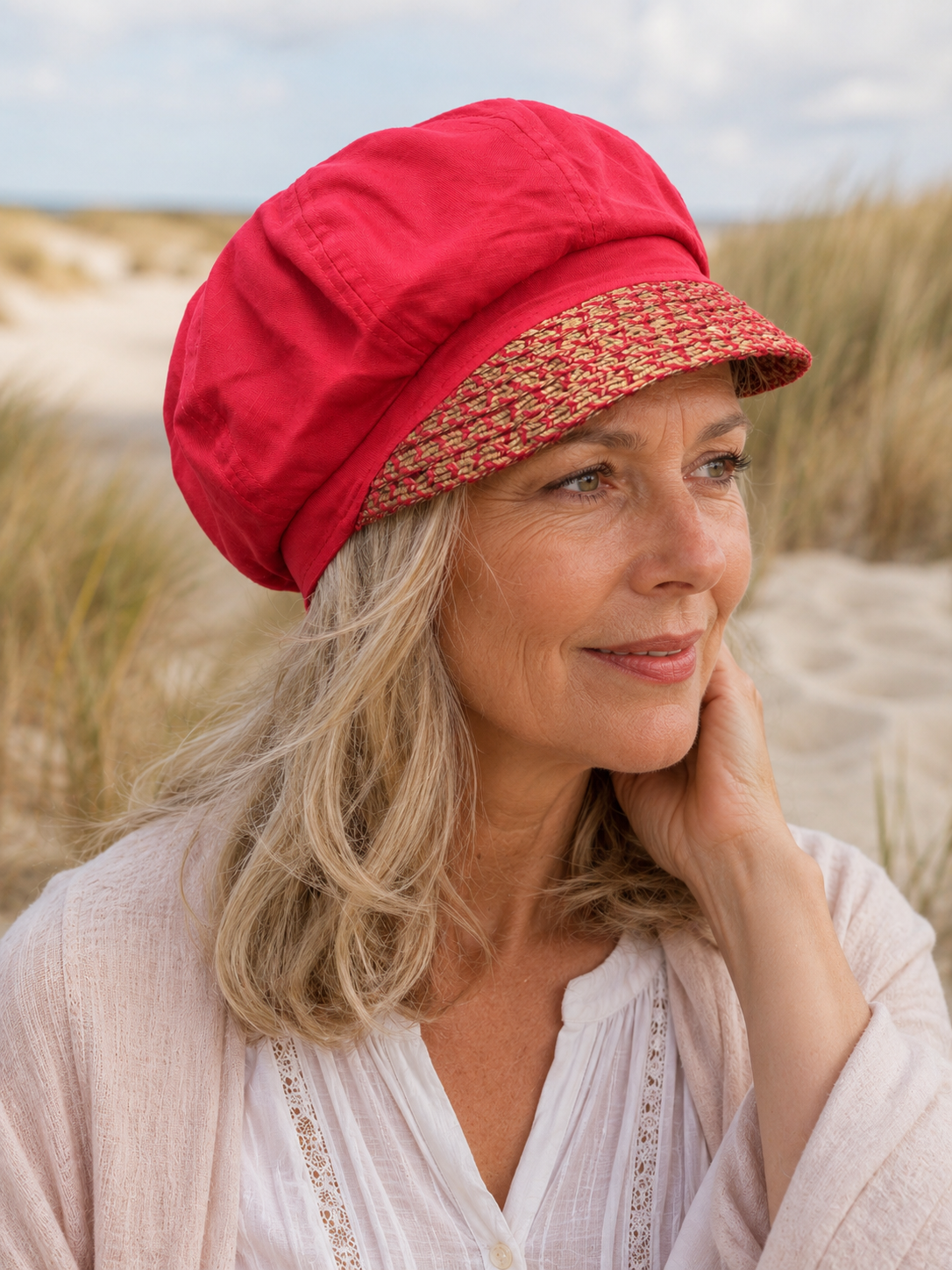 Frau trägt eine rote Schirmmütze aus Leinen und Baumwolle an den Dünen – leichte Damen Sommermütze mit maritimem Stil.